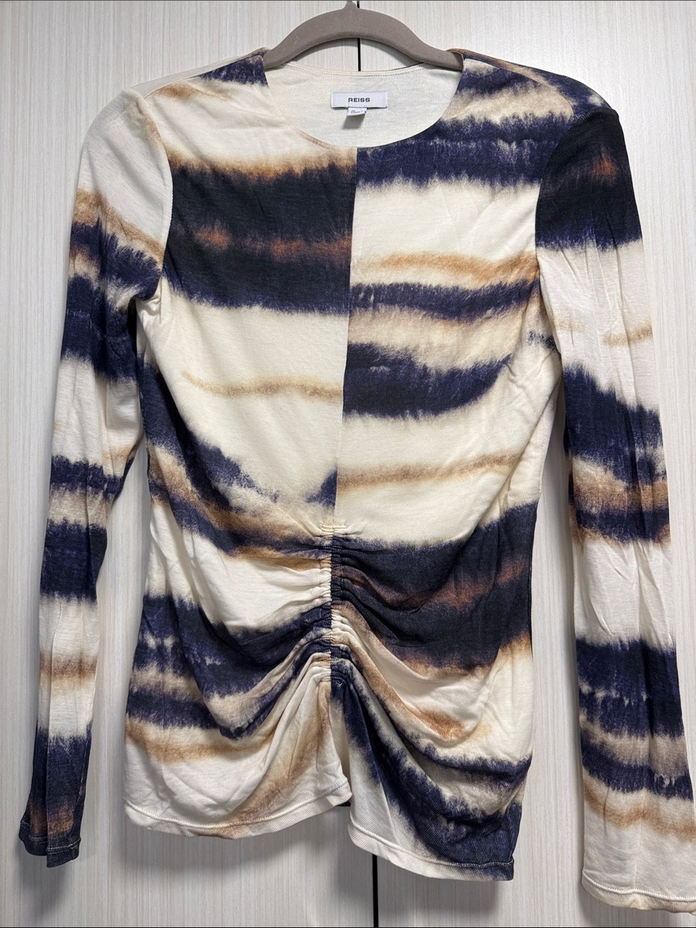 Reiss Cream and Navy Ruched Long-Sleeve Tie-Dye Top
